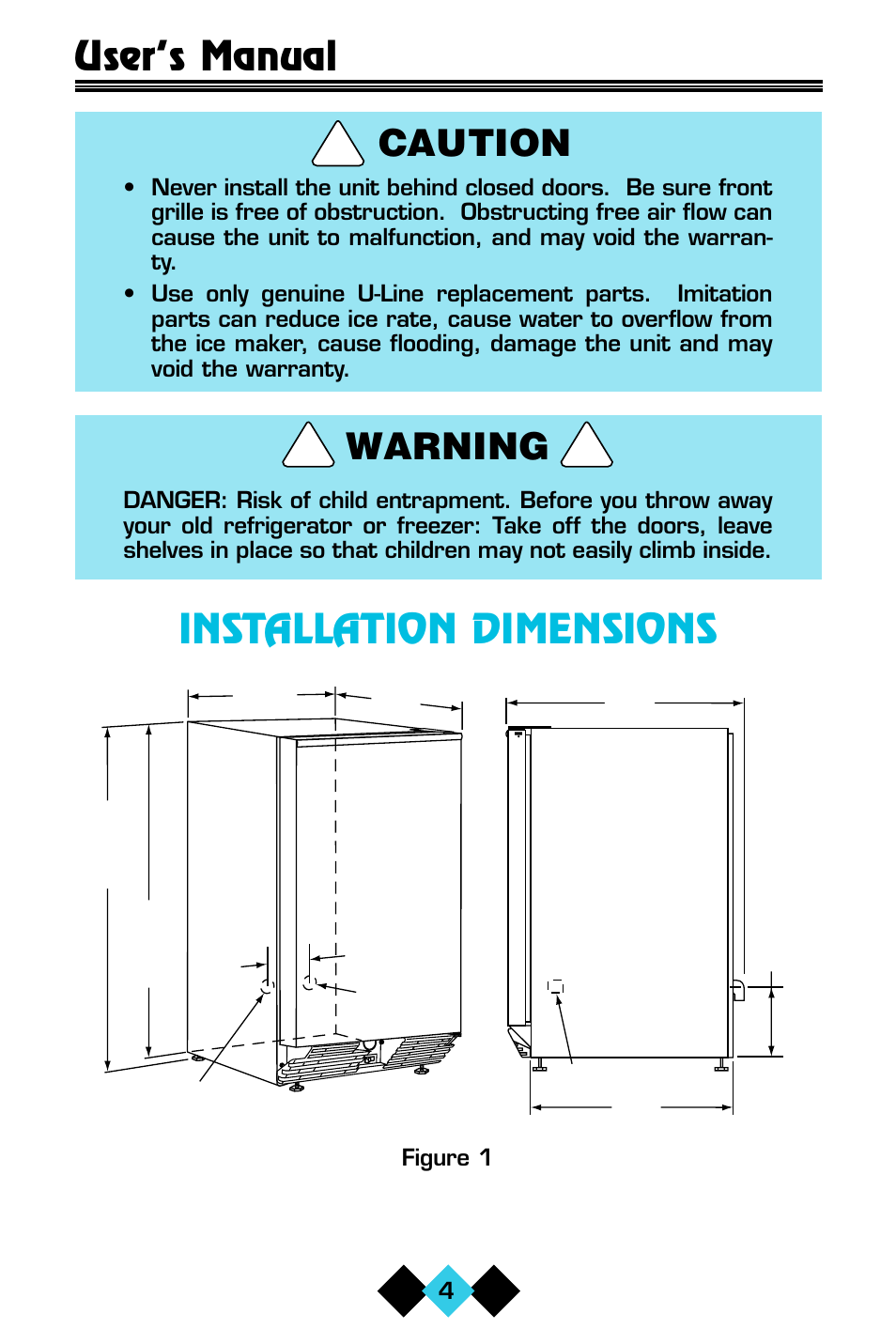 Installation dimensions, User’s manual, Warning | Caution | U-Line CLR60 User Manual | Page 6 / 36