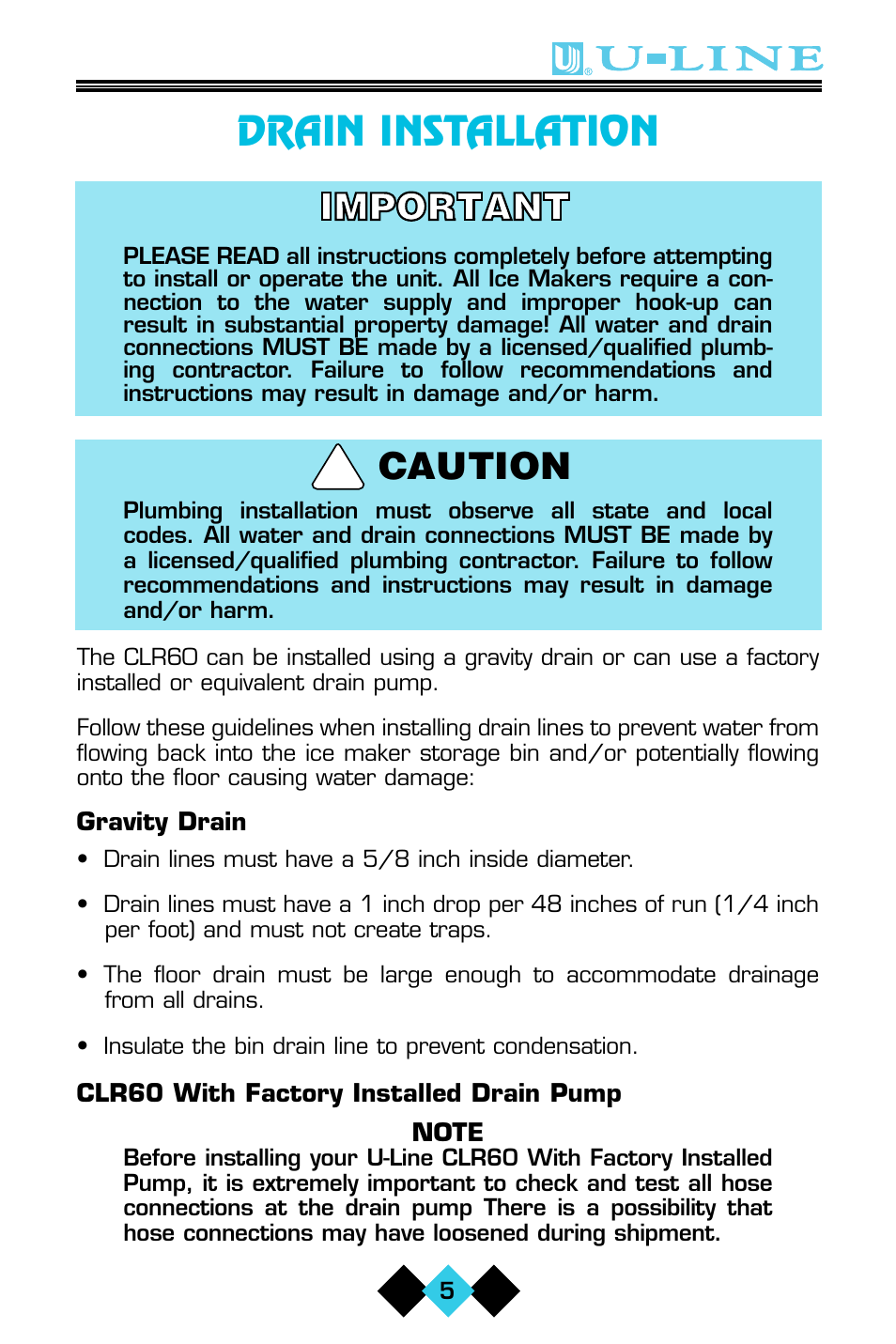 Drain installation, Caution | U-Line CLR60 User Manual | Page 7 / 36