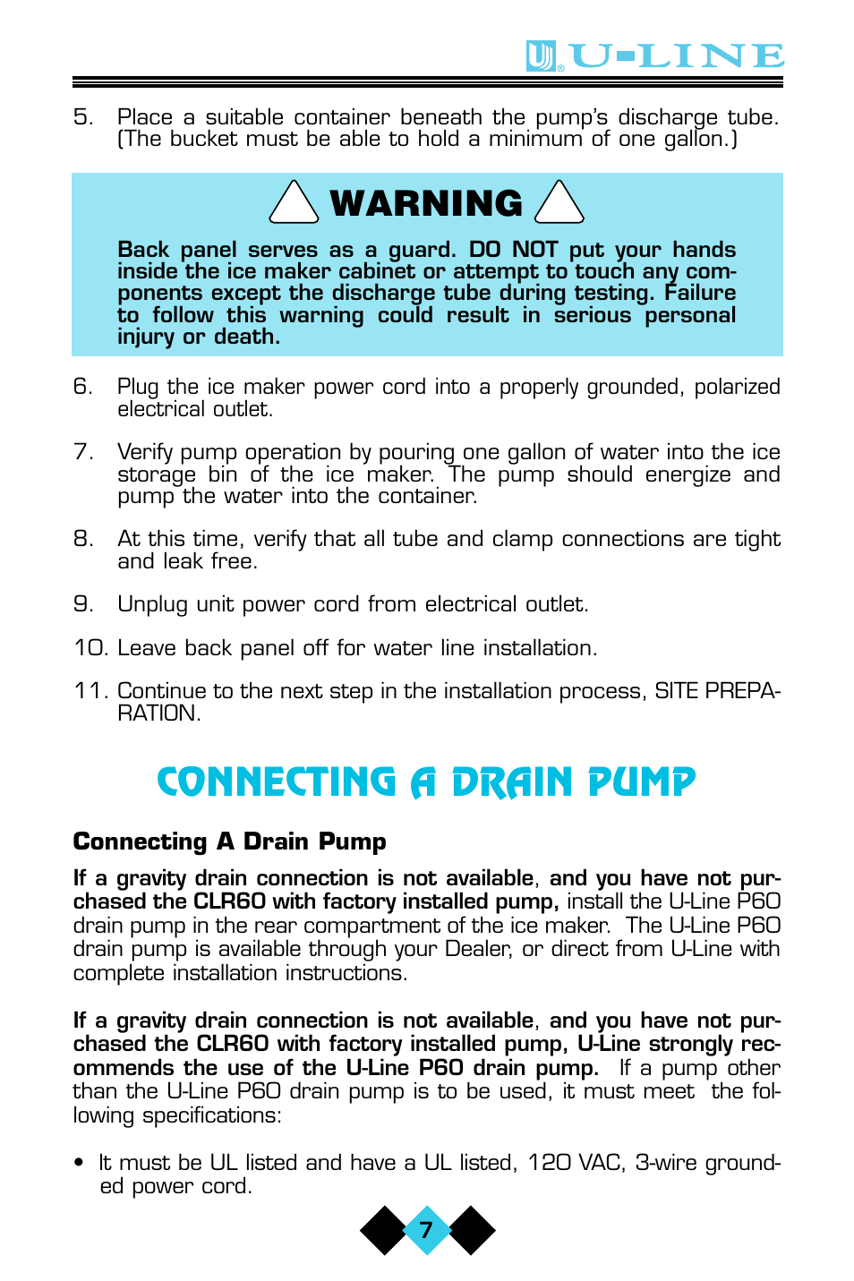 Connecting a drain pump, Warning | U-Line CLR60 User Manual | Page 9 / 36