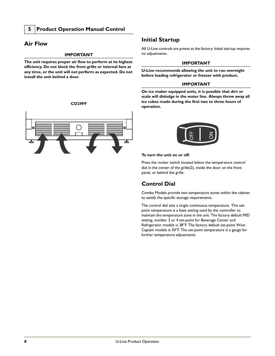 Air flow, Initial startup, Control dial | U-Line COMBO C2275DWR User Manual | Page 10 / 28