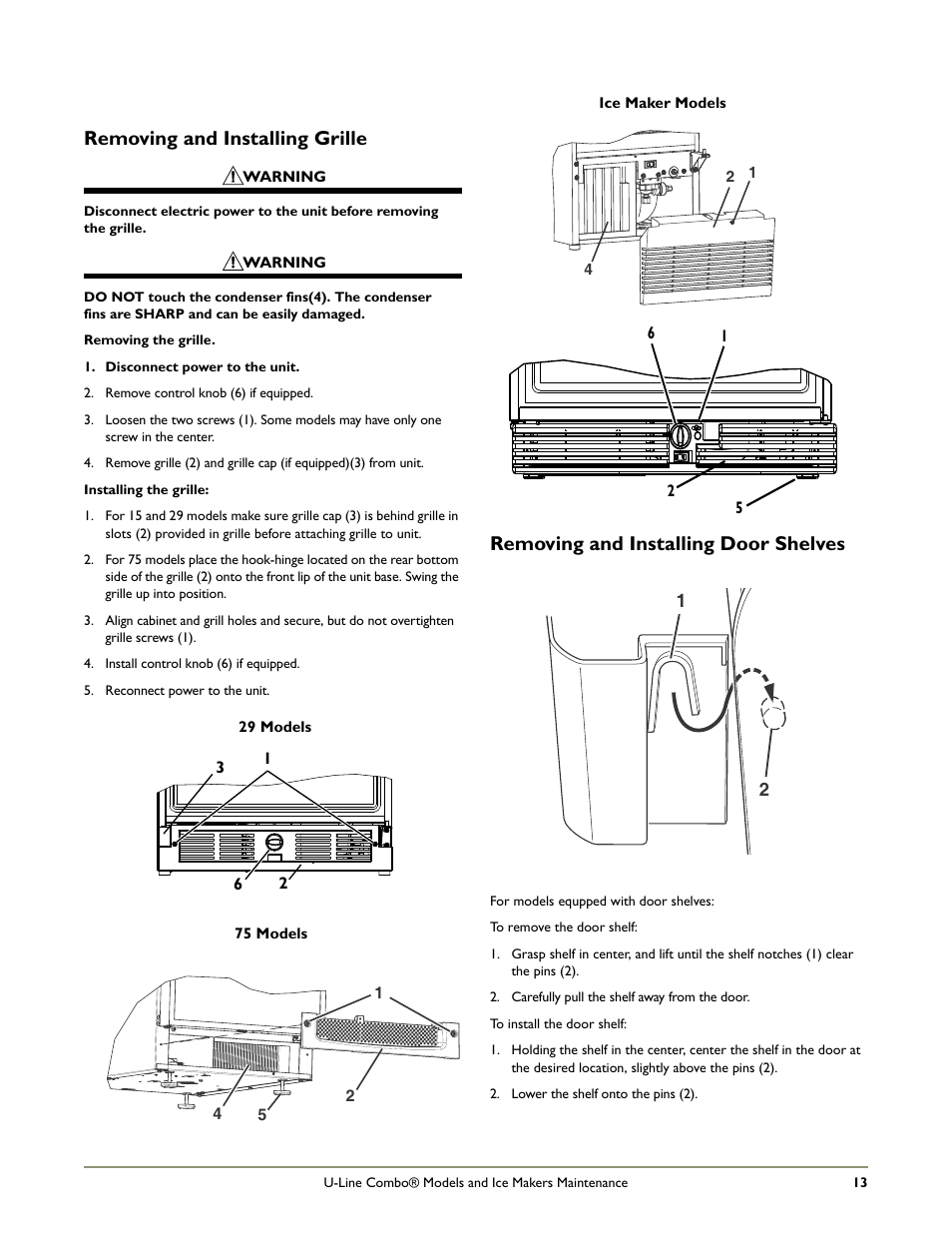 Removing and installing door shelves, Removing and installing grille | U-Line COMBO C2275DWR User Manual | Page 15 / 28