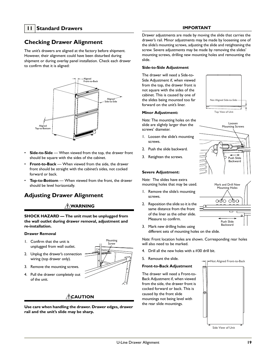 Checking drawer alignment, Adjusting drawer alignment, 11 standard drawers | U-Line COMBO C2275DWR User Manual | Page 21 / 28