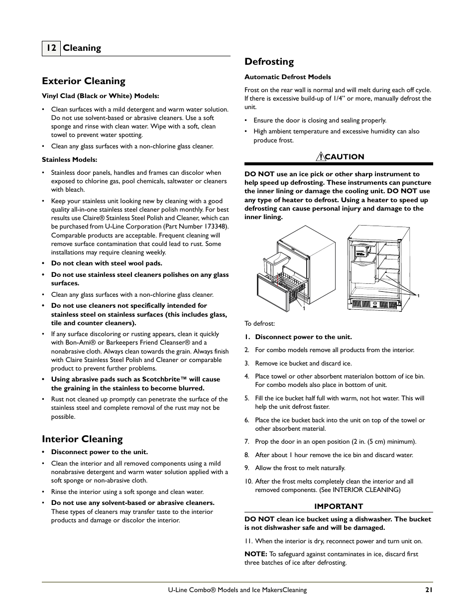 Exterior cleaning, Interior cleaning, Defrosting | 12 cleaning | U-Line COMBO C2275DWR User Manual | Page 23 / 28