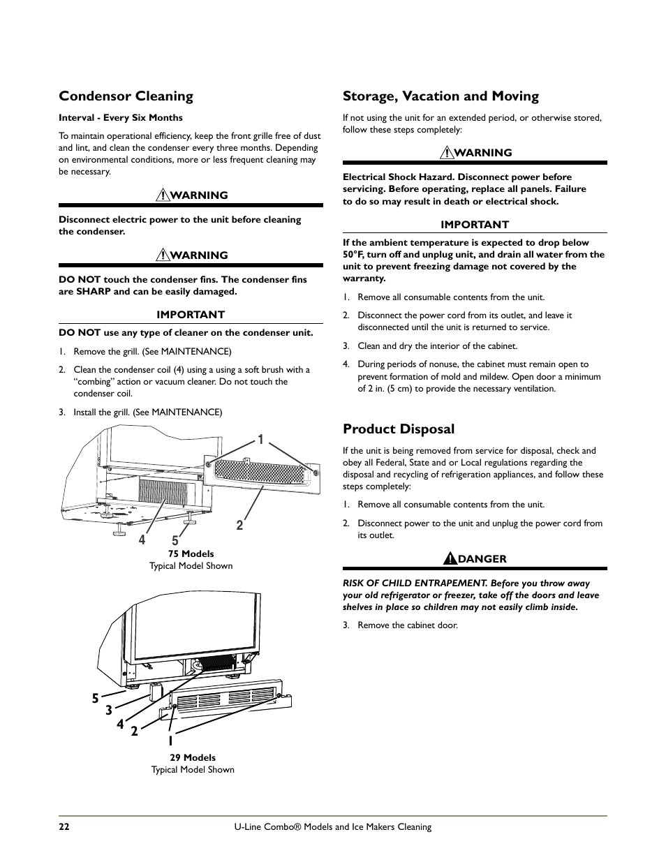 Condensor cleaning, Storage, vacation and moving, Product disposal | U-Line COMBO C2275DWR User Manual | Page 24 / 28