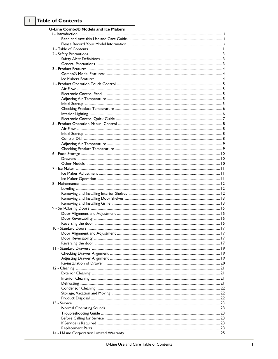 1 table of contents | U-Line COMBO C2275DWR User Manual | Page 3 / 28