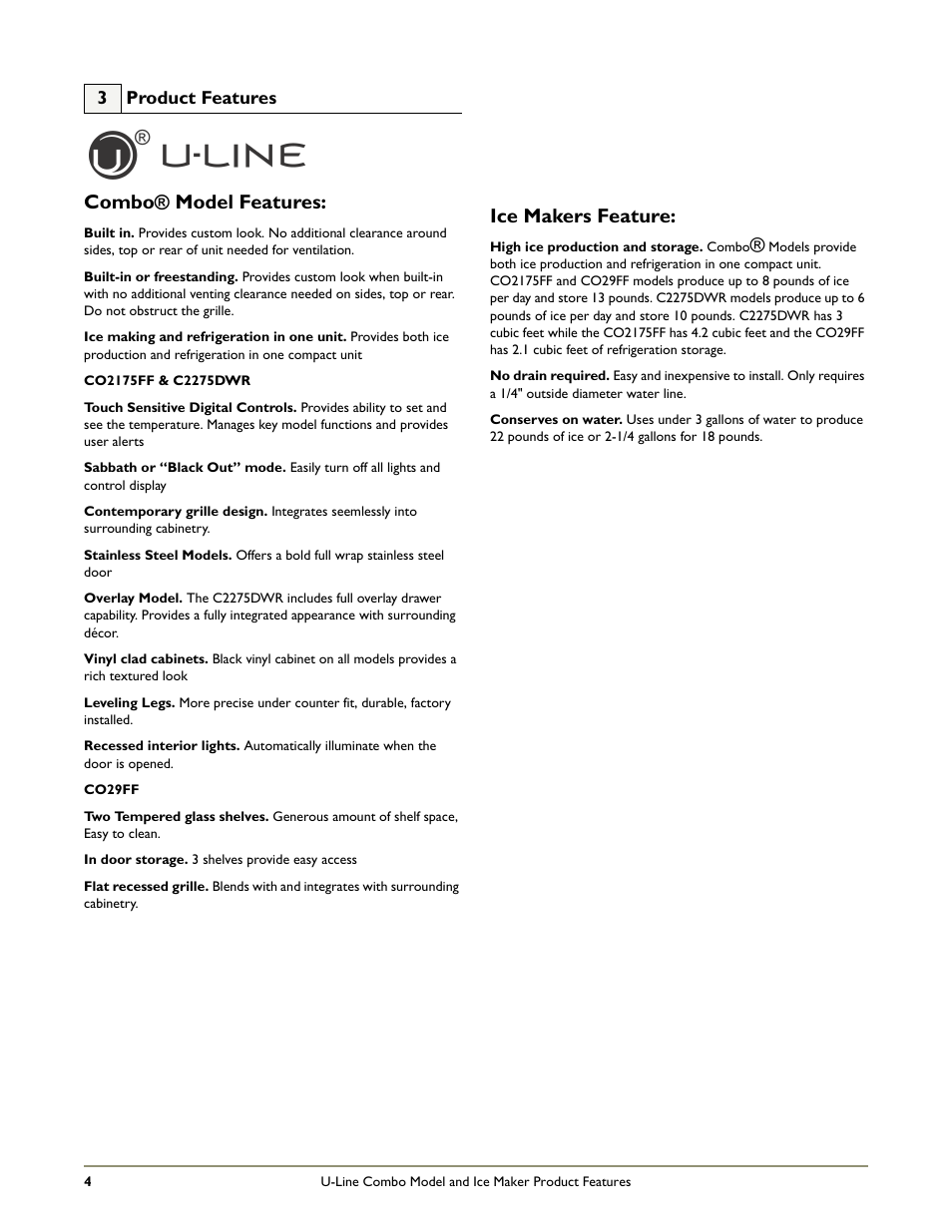 Combo® model features, Ice makers feature | U-Line COMBO C2275DWR User Manual | Page 6 / 28