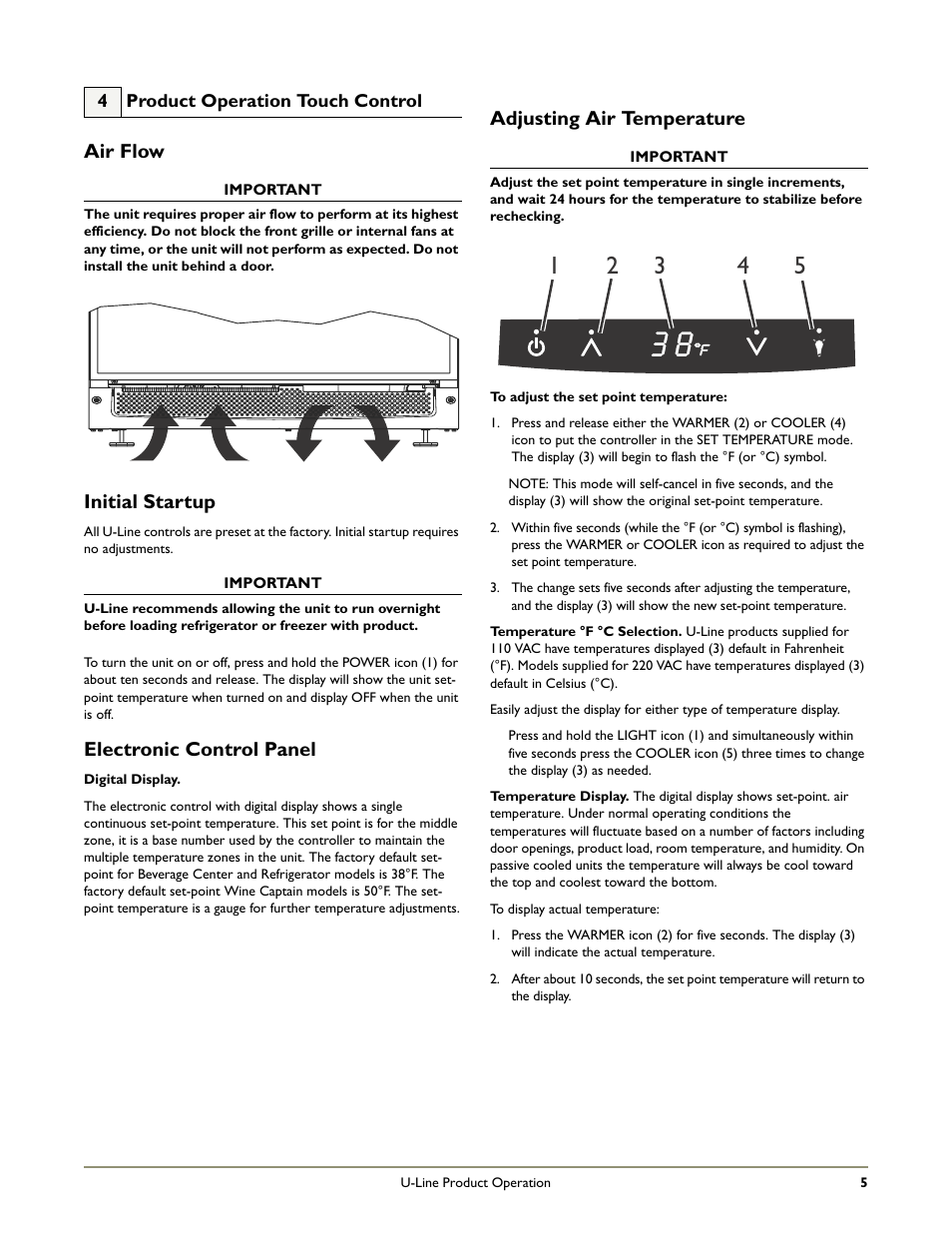 Air flow, Electronic control panel, Adjusting air temperature | Initial startup | U-Line COMBO C2275DWR User Manual | Page 7 / 28