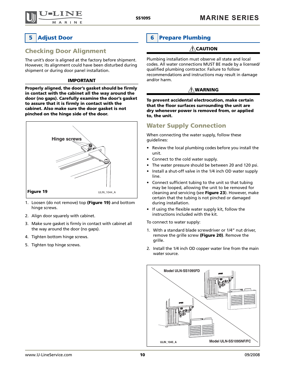 Marine series, Checking door alignment, Water supply connection | 5 adjust door, 6 prepare plumbing | U-Line SS1095FC User Manual | Page 10 / 16
