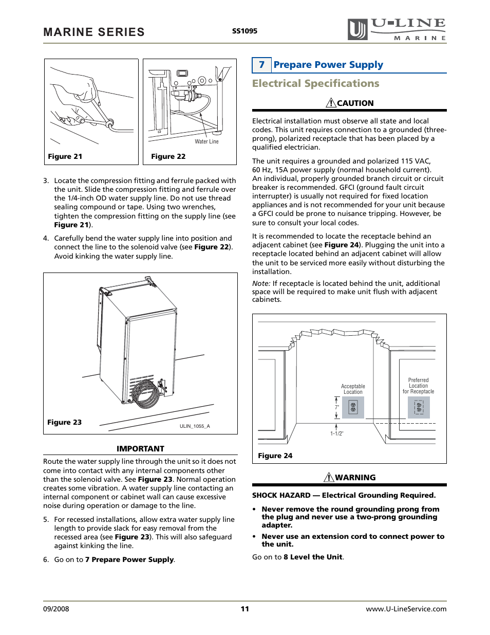 Marine series, Electrical specifications, 7 prepare power supply | U-Line SS1095FC User Manual | Page 11 / 16