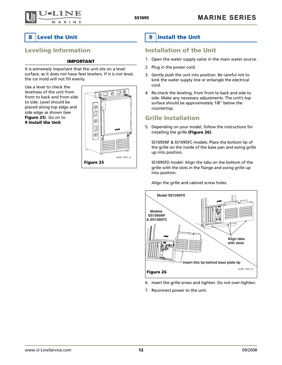 Marine series, Leveling information, Installation of the unit | Grille installation, 8 level the unit, 9 install the unit | U-Line SS1095FC User Manual | Page 12 / 16