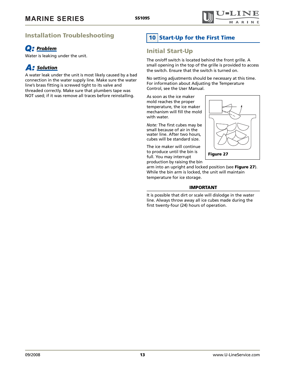 Marine series, Installation troubleshooting, Initial start-up | U-Line SS1095FC User Manual | Page 13 / 16