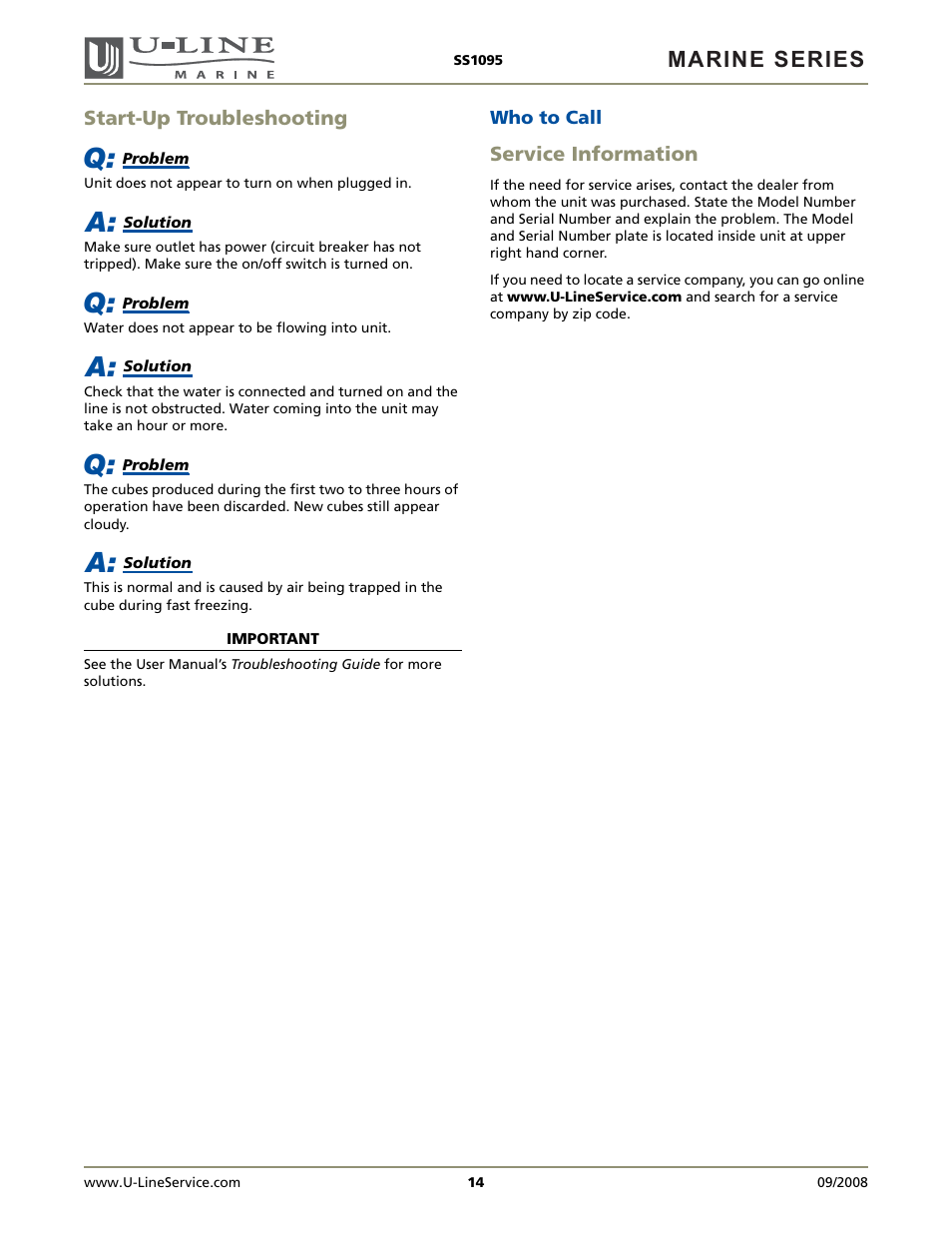 Marine series | U-Line SS1095FC User Manual | Page 14 / 16