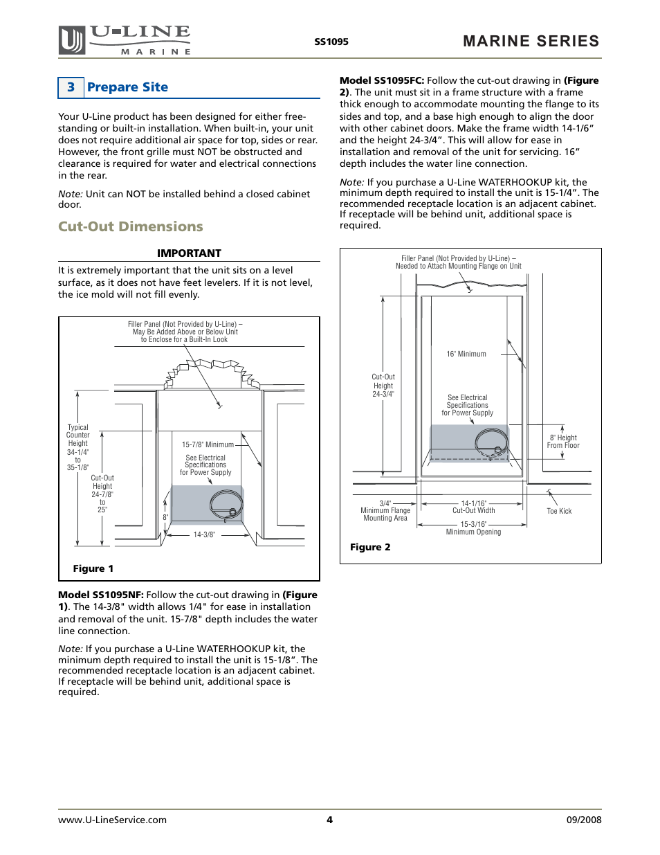Marine series, Cut-out dimensions, 3 prepare site | U-Line SS1095FC User Manual | Page 4 / 16