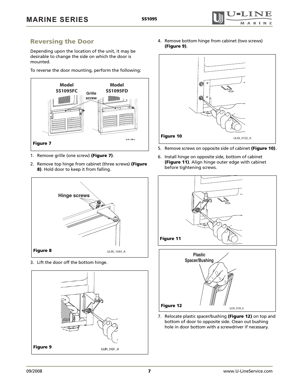 Marine series, Reversing the door | U-Line SS1095FC User Manual | Page 7 / 16