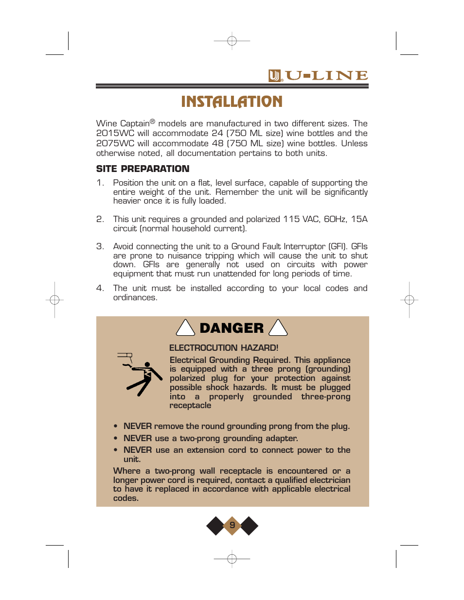 Installation, Danger | U-Line Wine Captain User Manual | Page 11 / 32