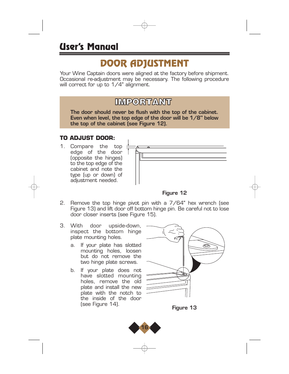 Door adjustment, User’s manual | U-Line Wine Captain User Manual | Page 18 / 32