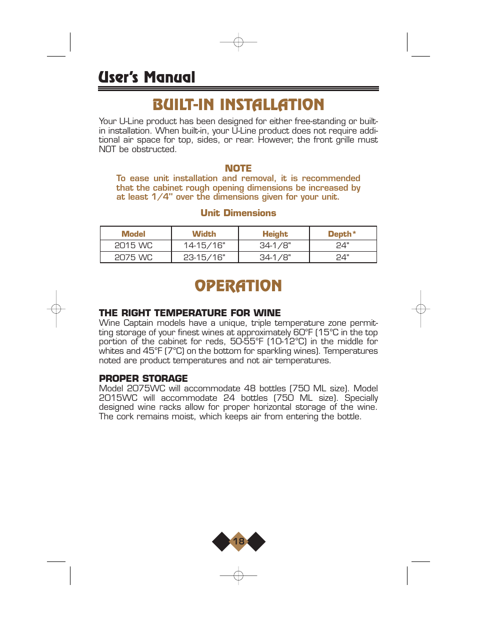 Built-in installation, Operation, Built-in installation operation | User’s manual built-in installation | U-Line Wine Captain User Manual | Page 20 / 32