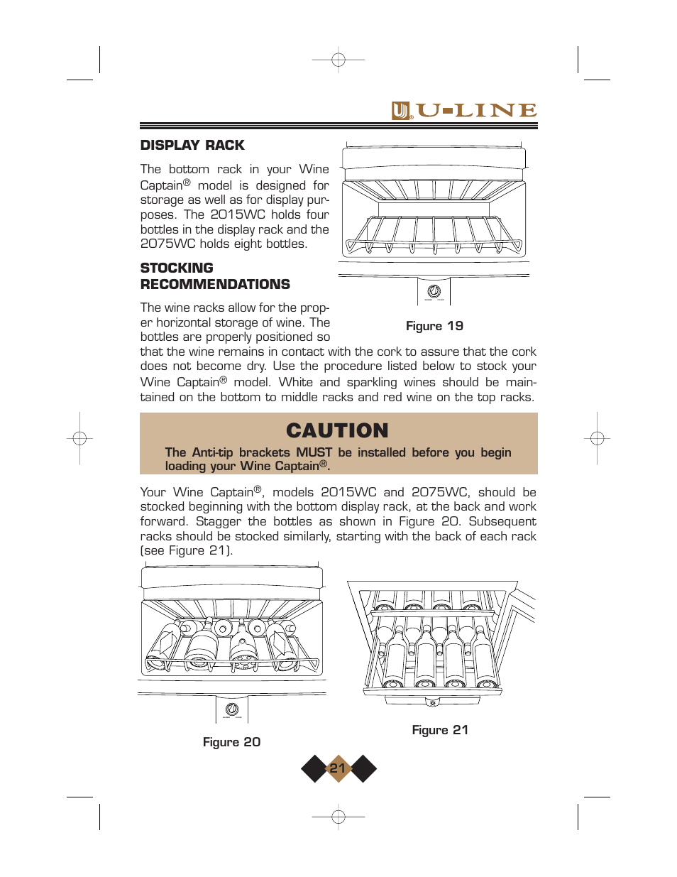 Caution, Display rack, Stocking recommendations | Figure 20, The bottom rack in your wine captain, Your wine captain, Figure 19, Figure 21 21 | U-Line Wine Captain User Manual | Page 23 / 32