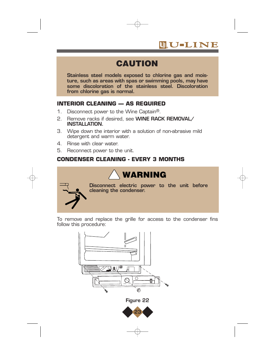 Warning caution, Interior cleaning — as required, Condenser cleaning - every 3 months | U-Line Wine Captain User Manual | Page 25 / 32