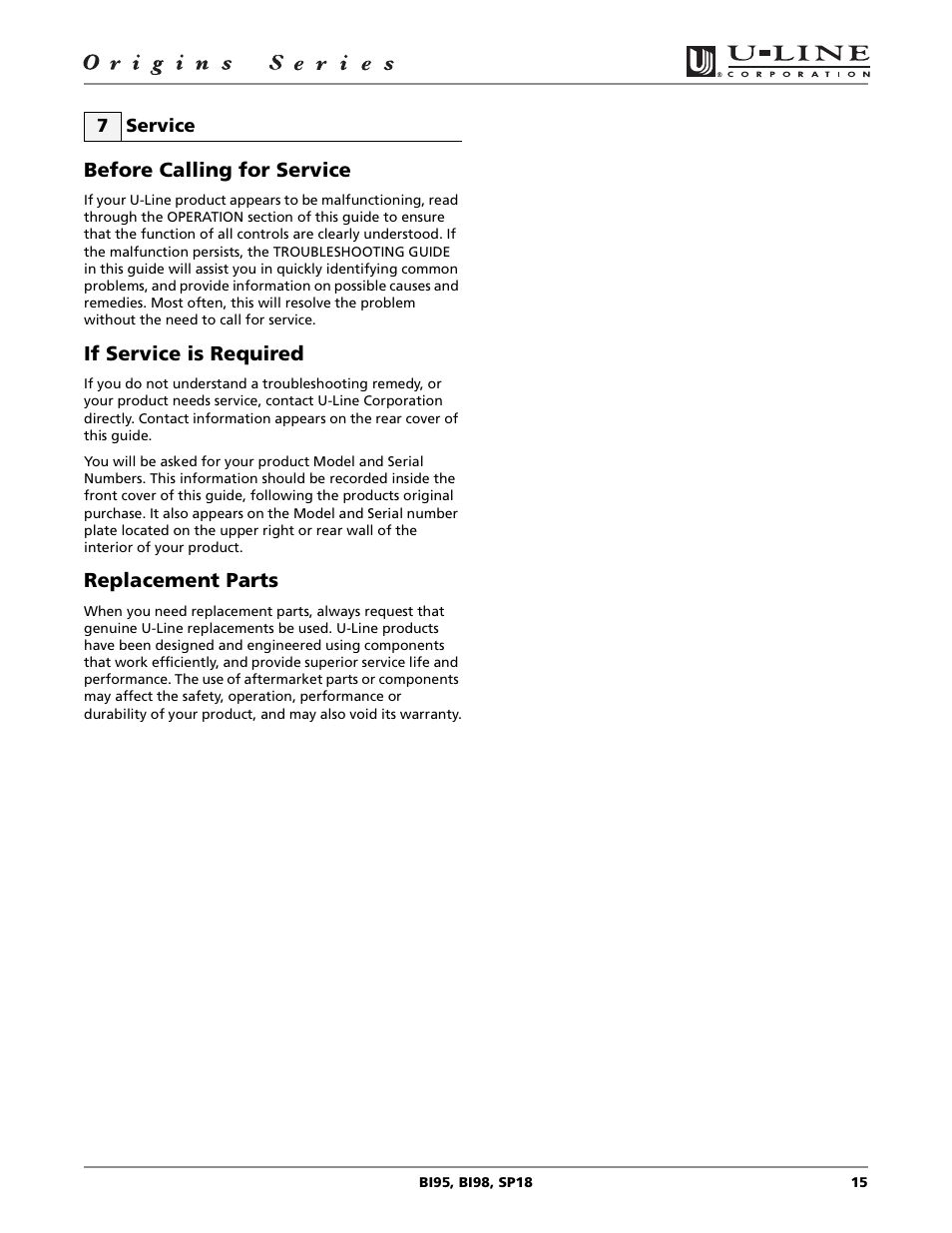 Before calling for service, If service is required, Replacement parts | U-Line BI98 User Manual | Page 15 / 20