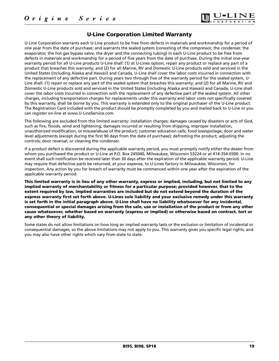 U-line corporation limited warranty | U-Line BI98 User Manual | Page 19 / 20