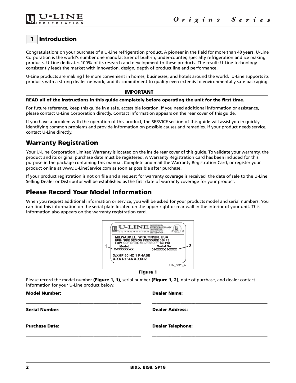 Warranty registration, Please record your model information, 1 introduction | U-Line BI98 User Manual | Page 2 / 20