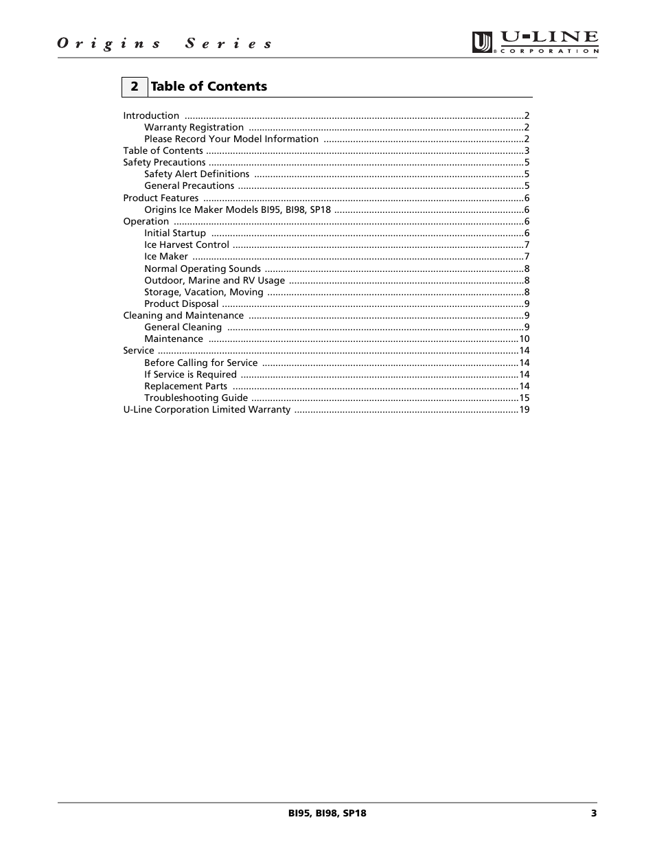 2 table of contents | U-Line BI98 User Manual | Page 3 / 20