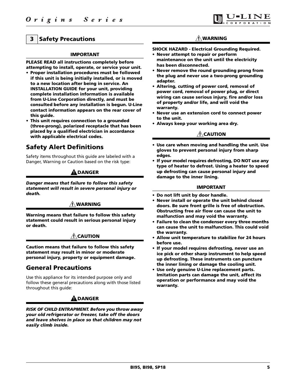 Safety alert definitions, General precautions, 3 safety precautions | U-Line BI98 User Manual | Page 5 / 20