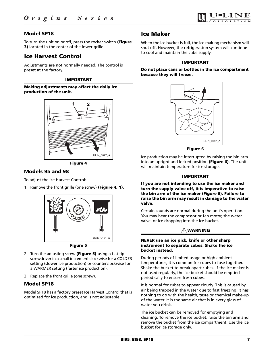 Ice harvest control, Ice maker | U-Line BI98 User Manual | Page 7 / 20