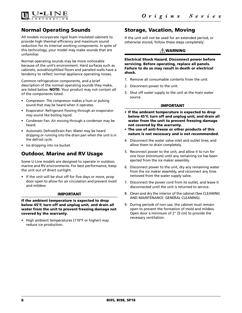 Normal operating sounds, Outdoor, marine and rv usage, Storage, vacation, moving | U-Line BI98 User Manual | Page 8 / 20