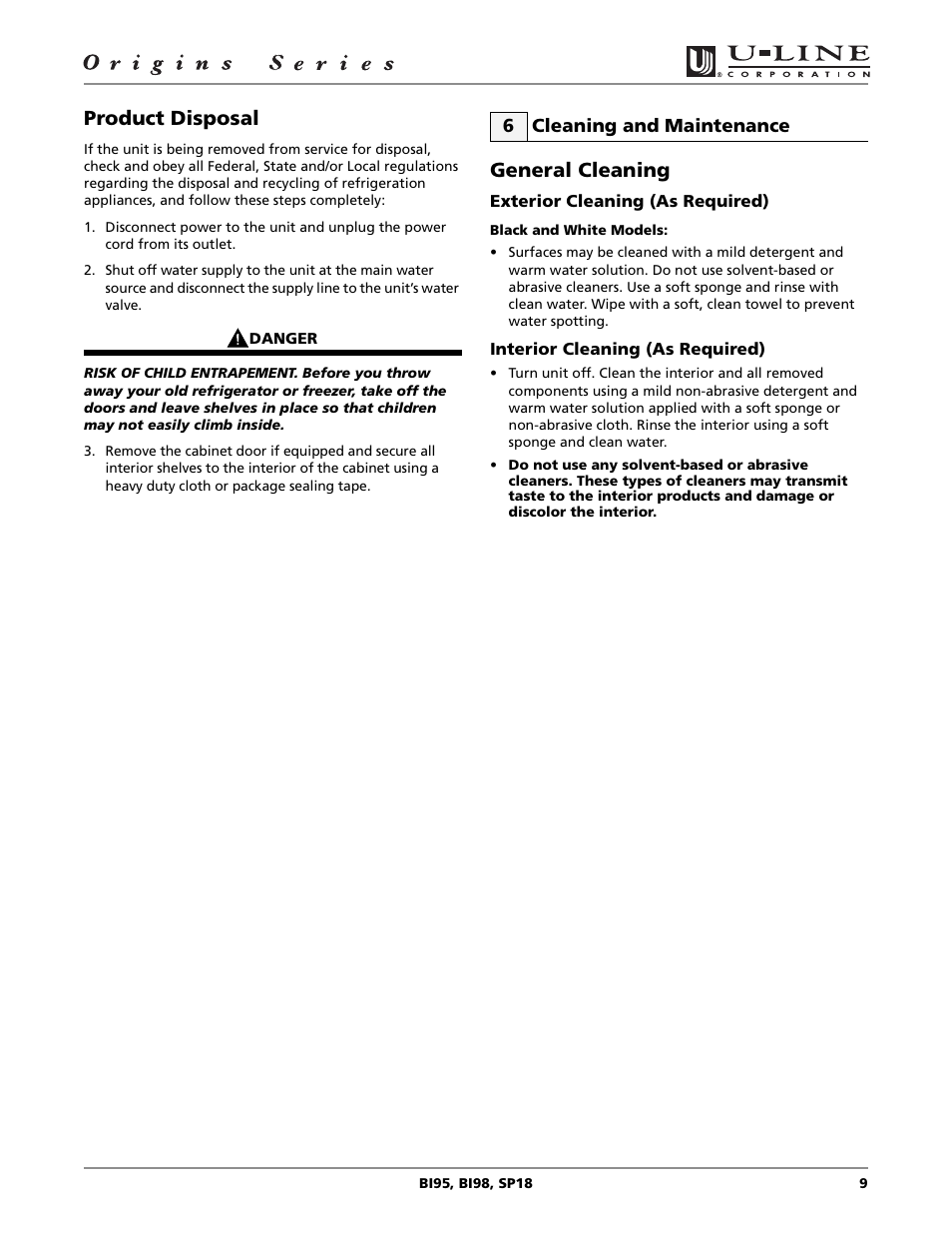 Product disposal, General cleaning | U-Line BI98 User Manual | Page 9 / 20