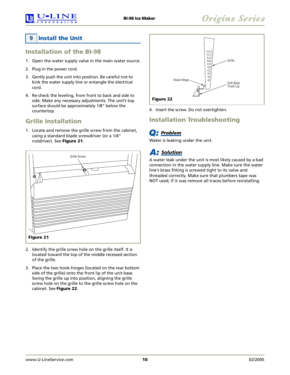 Installation of the bi-98, Grille installation, Installation troubleshooting | U-Line BI-98 User Manual | Page 10 / 12
