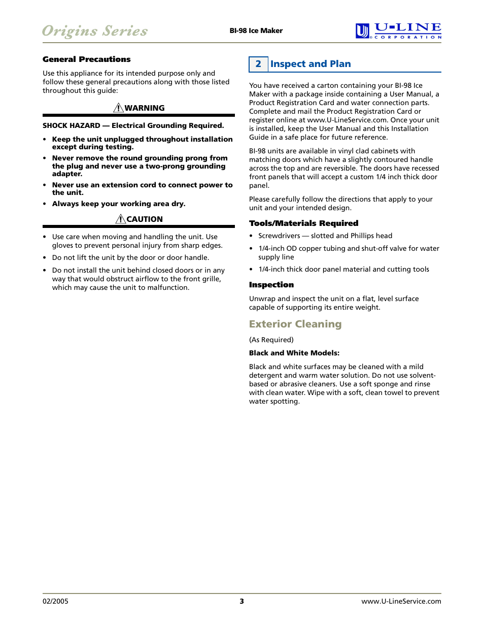 Exterior cleaning, 2 inspect and plan | U-Line BI-98 User Manual | Page 3 / 12