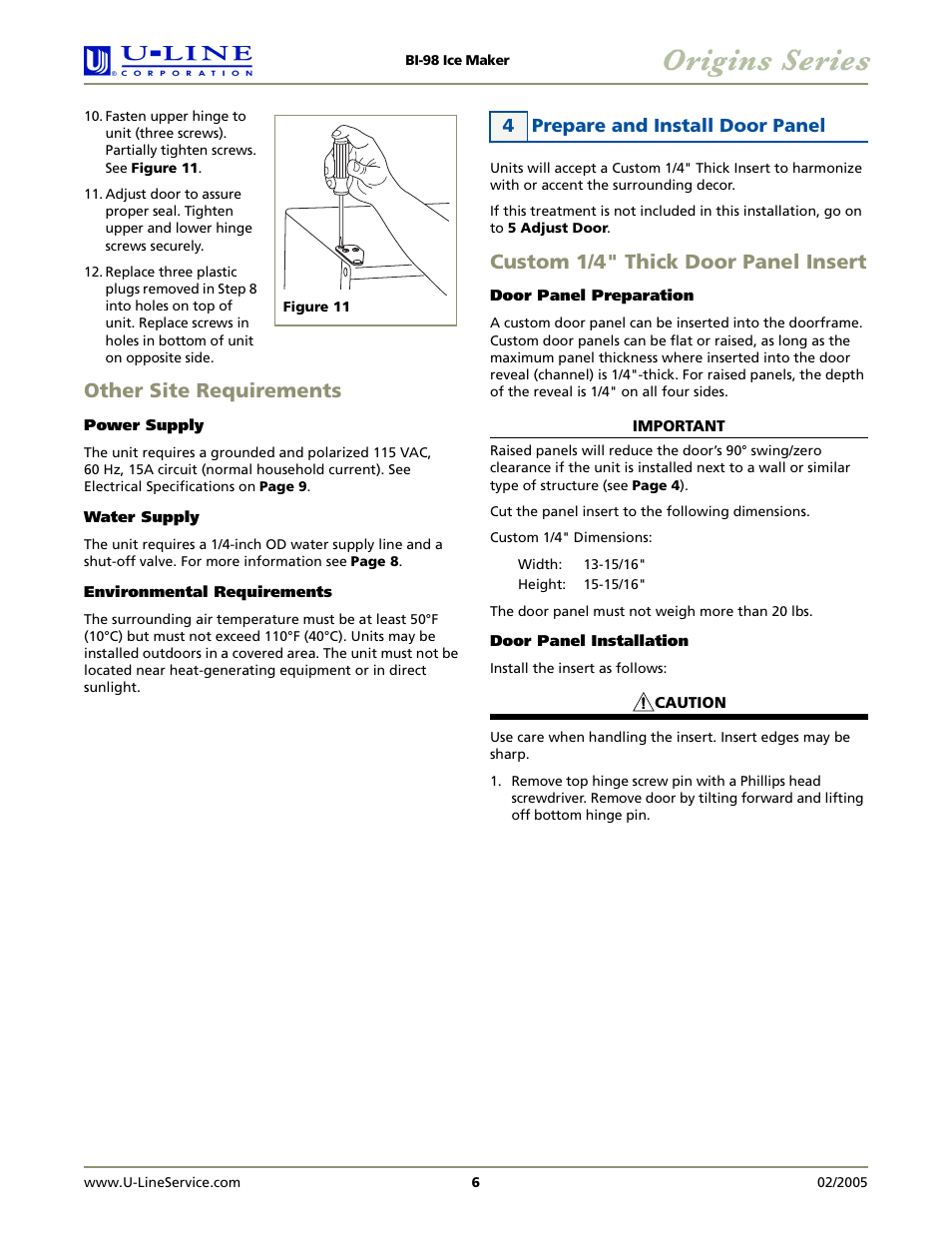 Other site requirements, Custom 1/4" thick door panel insert | U-Line BI-98 User Manual | Page 6 / 12