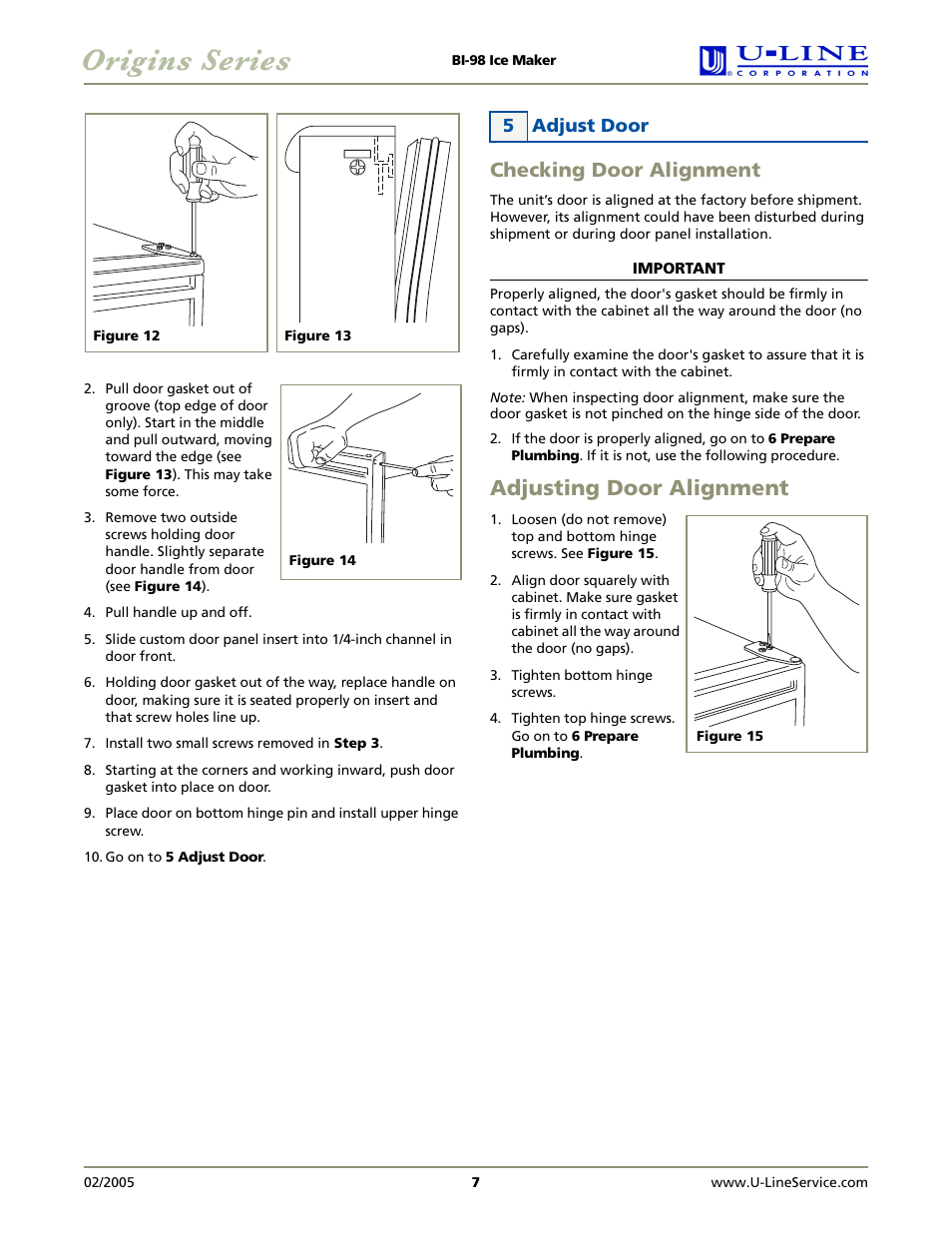 Checking door alignment, Adjusting door alignment, 5 adjust door | U-Line BI-98 User Manual | Page 7 / 12