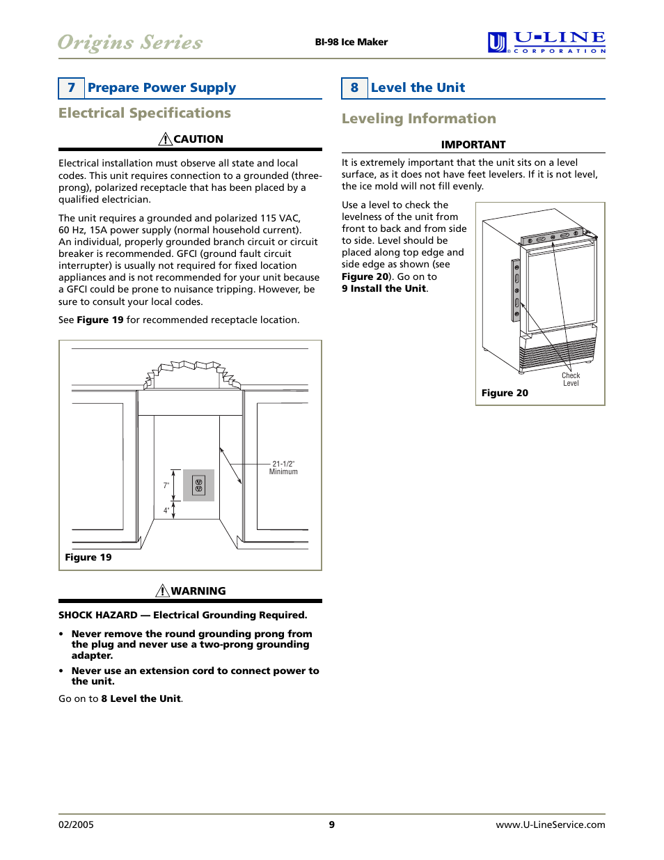 Electrical specifications, Leveling information, 7 prepare power supply | 8 level the unit | U-Line BI-98 User Manual | Page 9 / 12