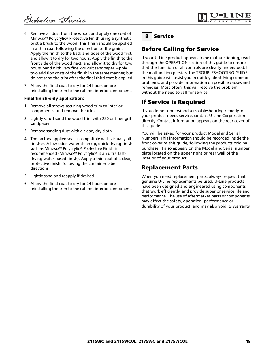 Before calling for service, If service is required, Replacement parts | 8 service | U-Line 2115WC User Manual | Page 19 / 24