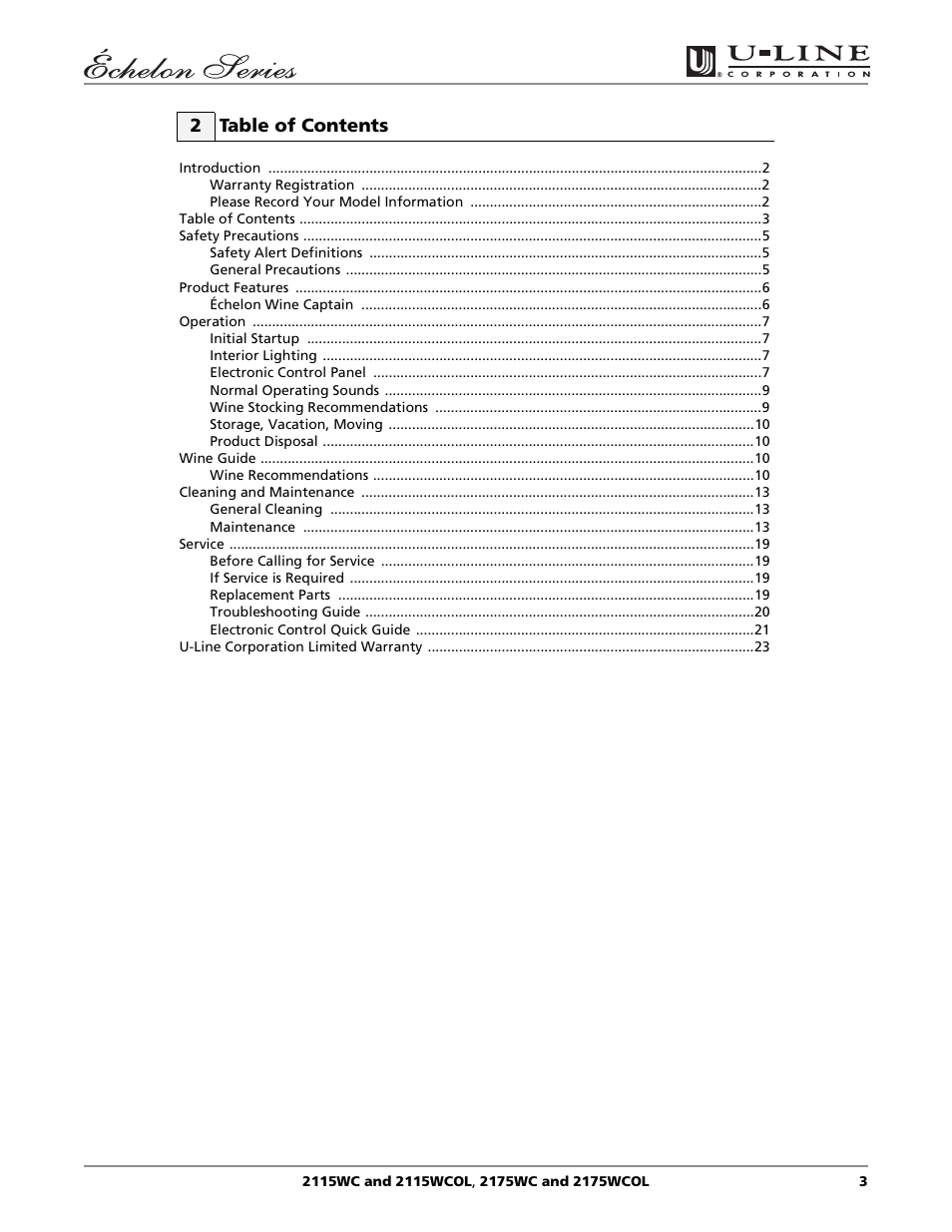 2 table of contents | U-Line 2115WC User Manual | Page 3 / 24