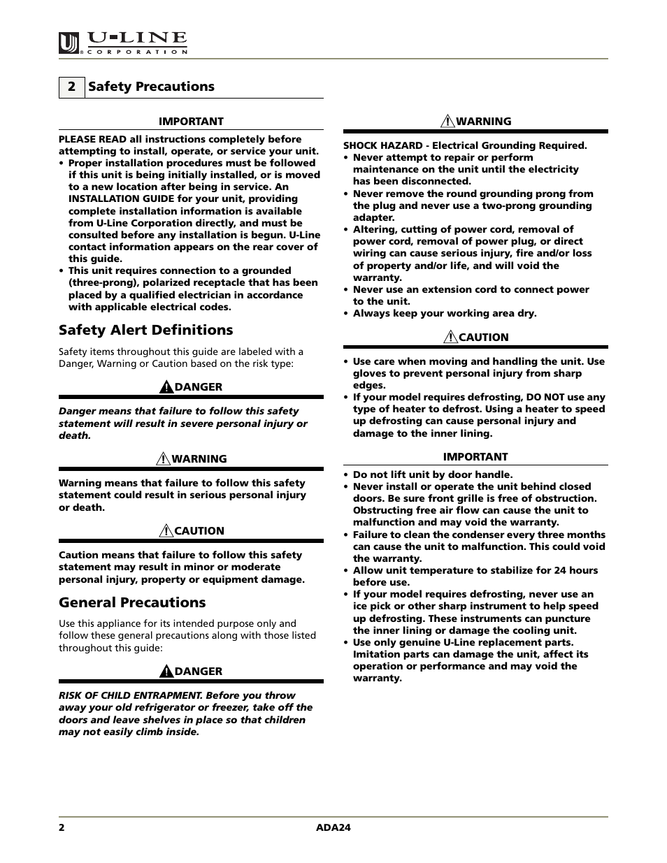 Safety precautions, Safety alert definitions general precautions, Ada series | Safety alert definitions, General precautions | U-Line ADA24R User Manual | Page 4 / 20