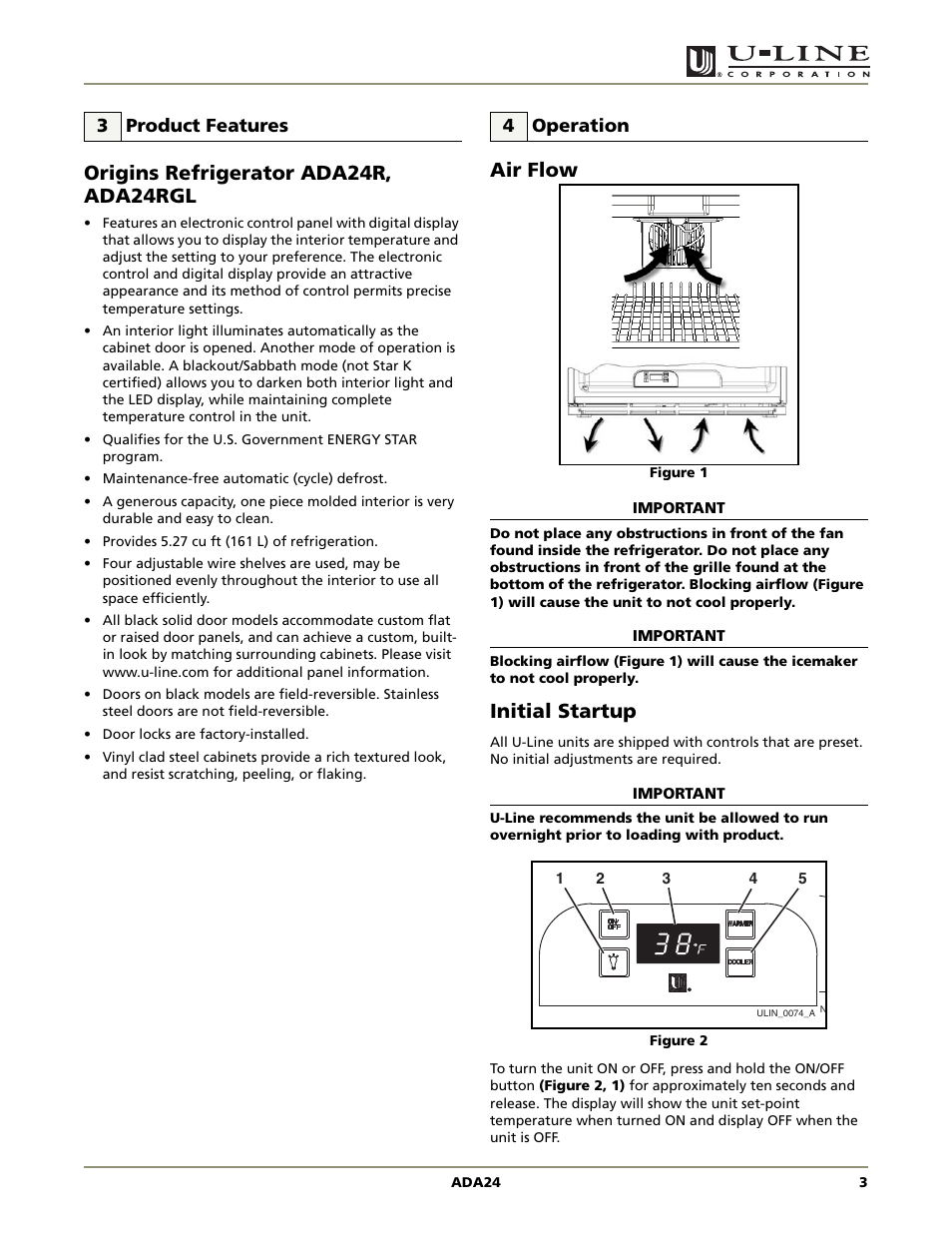 Product features, Origins refrigerator ada24r, ada24rgl, Operation | Air flow, Ada series, Initial startup | U-Line ADA24R User Manual | Page 5 / 20