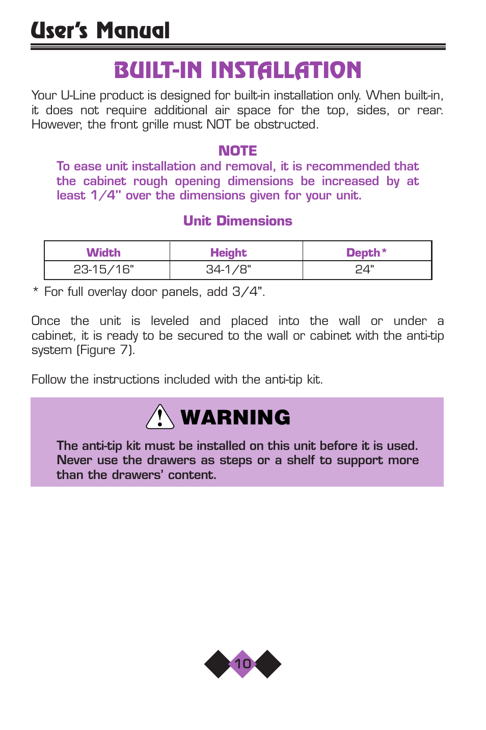 Built-in installation, User’s manual built-in installation, Warning | U-Line 2075 User Manual | Page 12 / 31