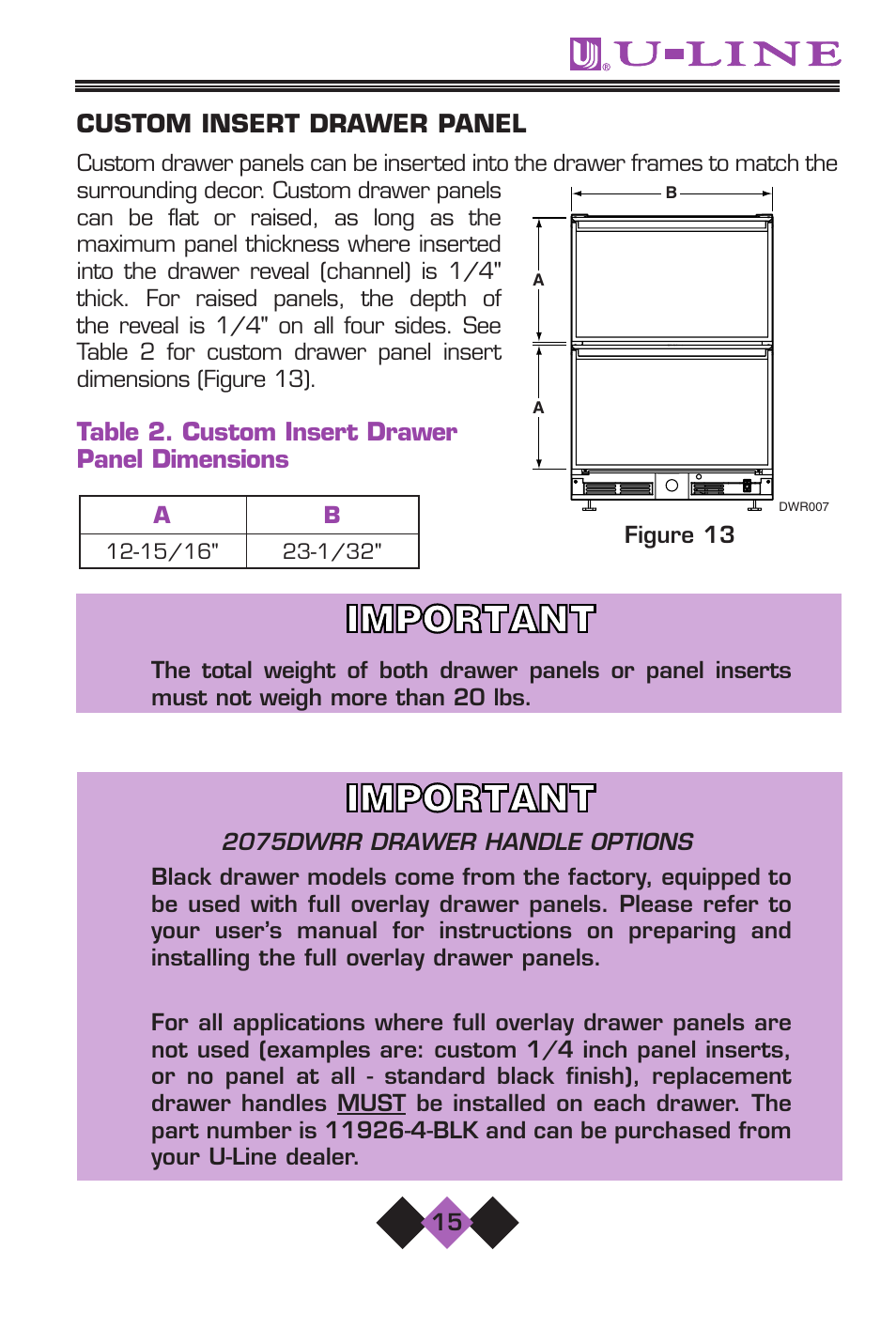 Custom insert drawer panel, Table 2. custom insert drawer panel dimensions | U-Line 2075 User Manual | Page 17 / 31