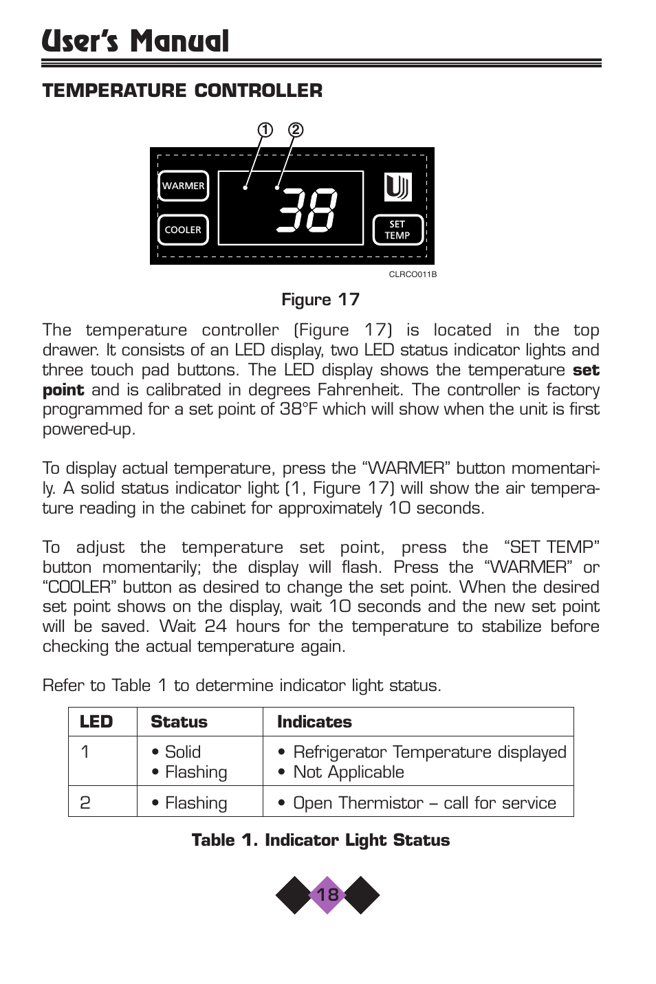 User’s manual, Temperature controller | U-Line 2075 User Manual | Page 20 / 31