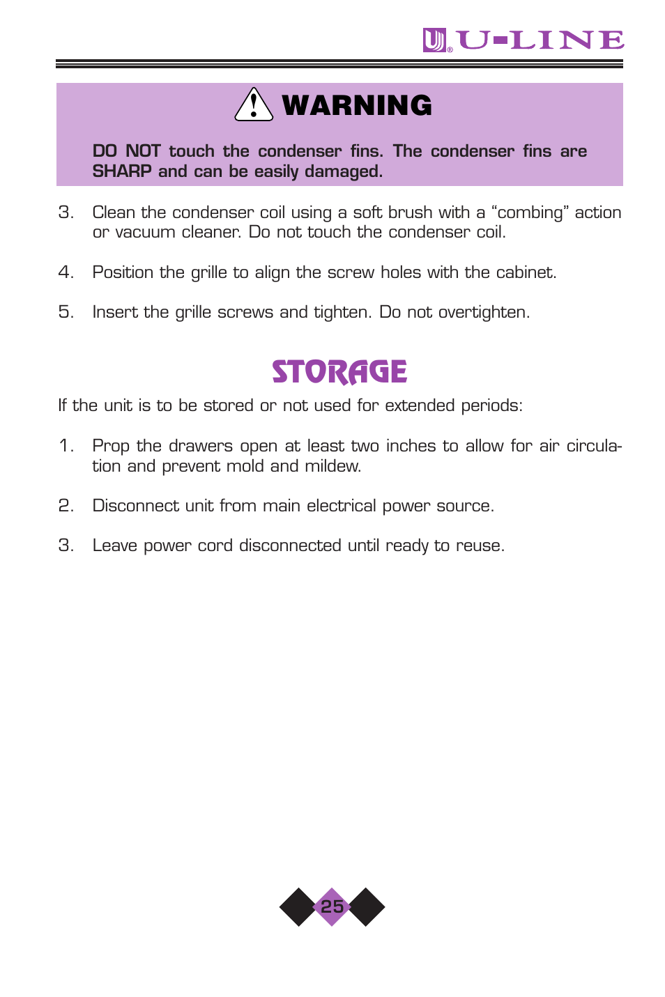 Storage, Warning | U-Line 2075 User Manual | Page 27 / 31