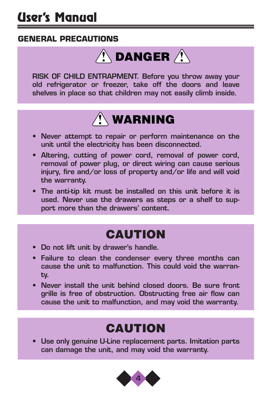 Caution, Warning danger, User’s manual | U-Line 2075 User Manual | Page 6 / 31