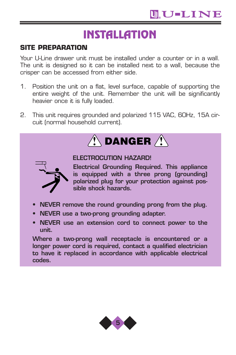 Installation, Danger | U-Line 2075 User Manual | Page 7 / 31