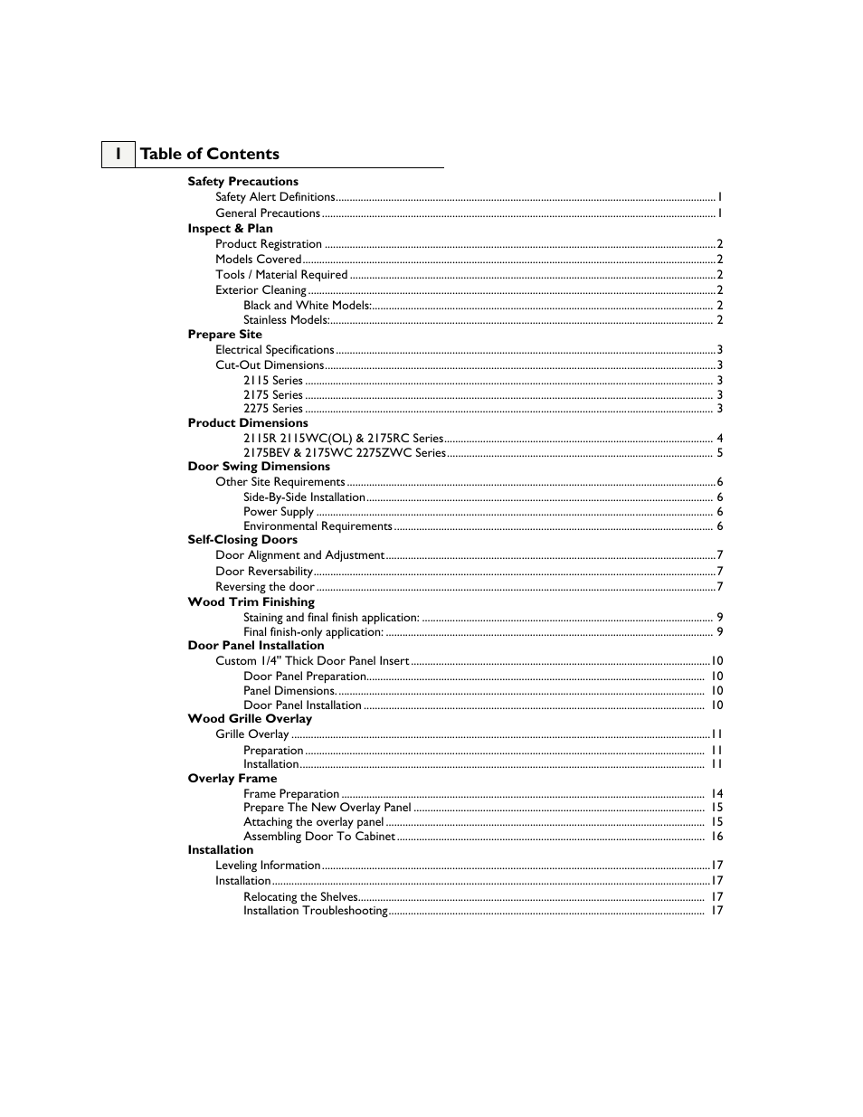 1 table of contents | U-Line 2175WCC User Manual | Page 2 / 20