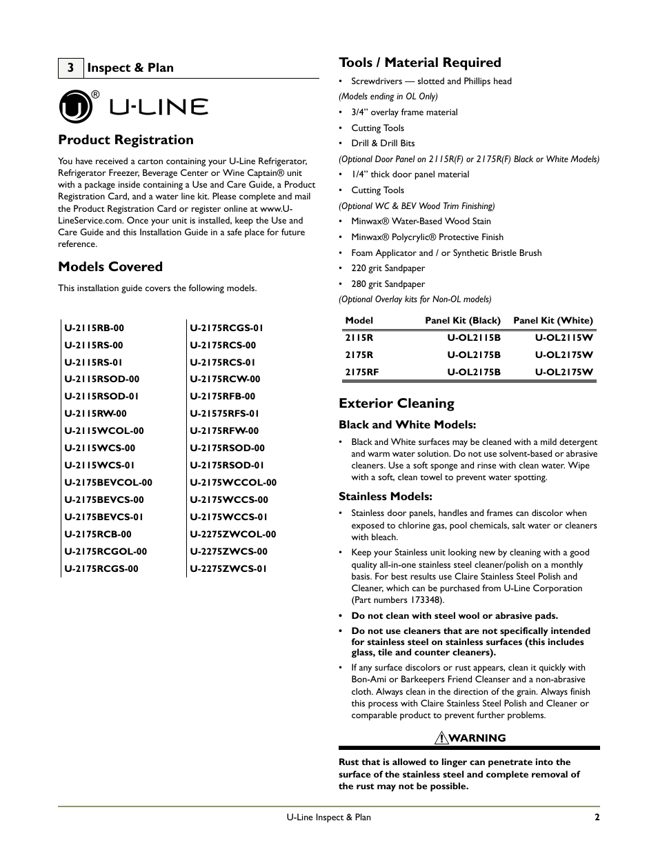 Product registration, Models covered, Tools / material required | Exterior cleaning, 3 inspect & plan | U-Line 2175WCC User Manual | Page 4 / 20