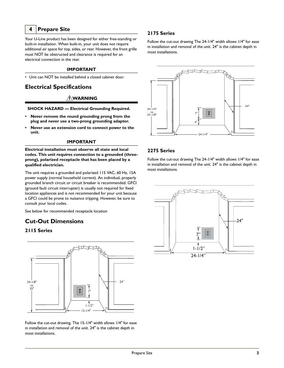 Electrical specifications, Cut-out dimensions, 4 prepare site | 2115 series, 2175 series, 2275 series | U-Line 2175WCC User Manual | Page 5 / 20