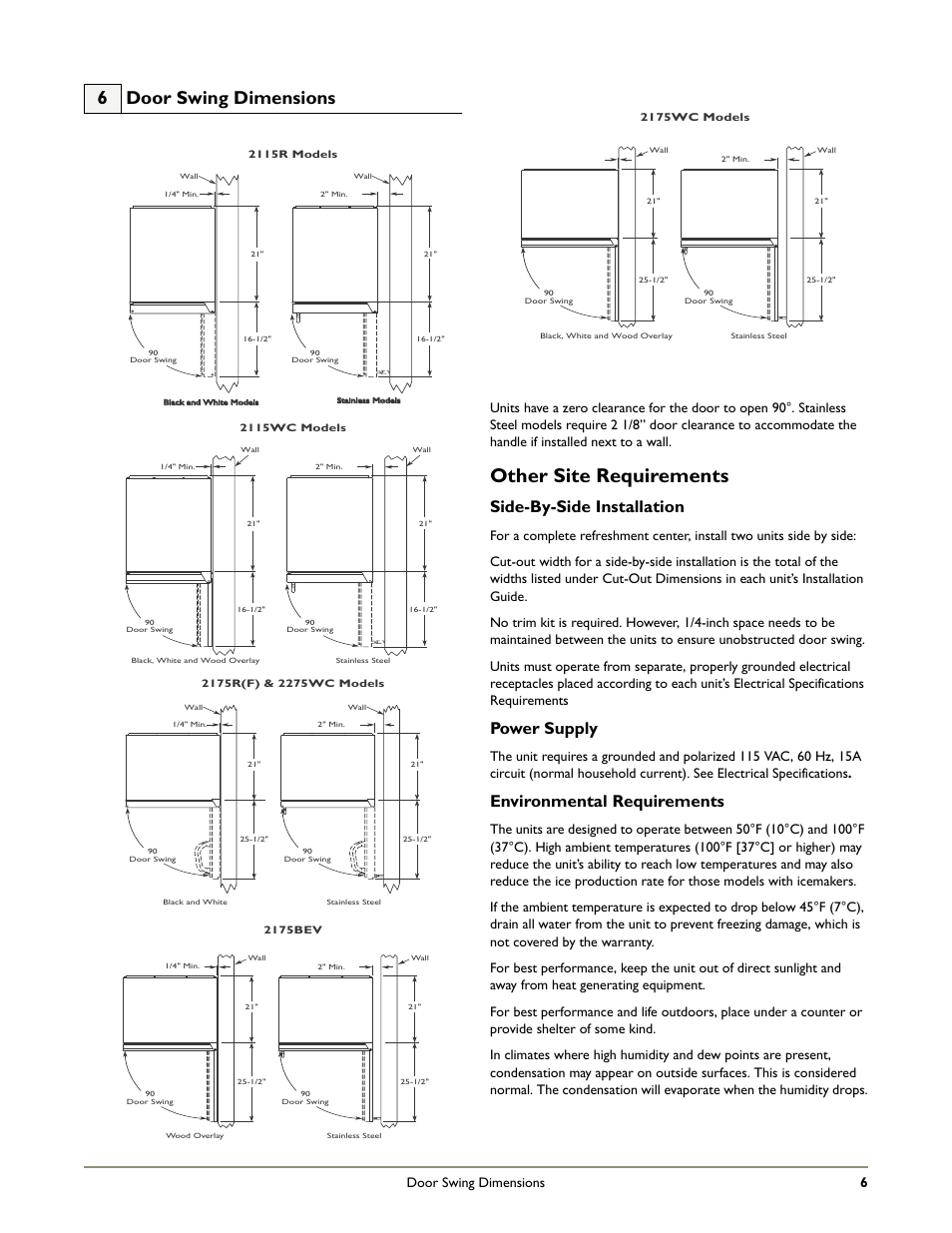 Other site requirements, 6 door swing dimensions, Side-by-side installation | Power supply, Environmental requirements, Door swing dimensions 6 | U-Line 2175WCC User Manual | Page 8 / 20